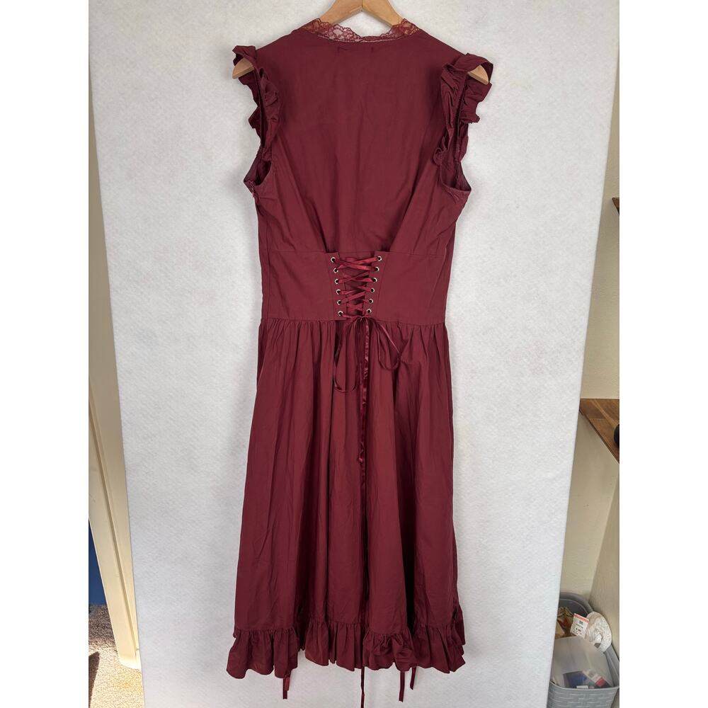 Belle Poque Burgundy Cottagecore Corset Lace Midi Dress Ruffle Gothic XL Costume - Picture 3 of 8